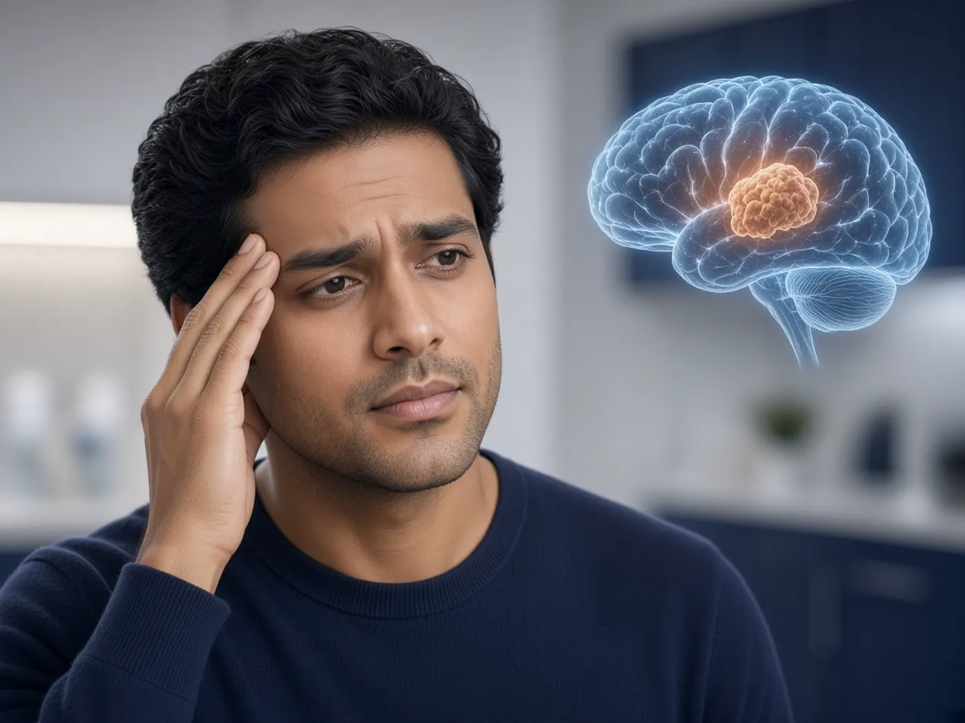 Brain tumor symptoms: a concerned patient beside a brain diagram with a highlighted mass