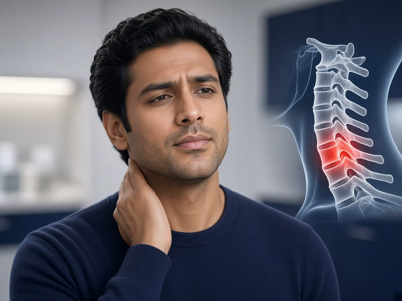 Cervical spondylosis: a patient holding the neck beside a diagram of a pinched nerve
