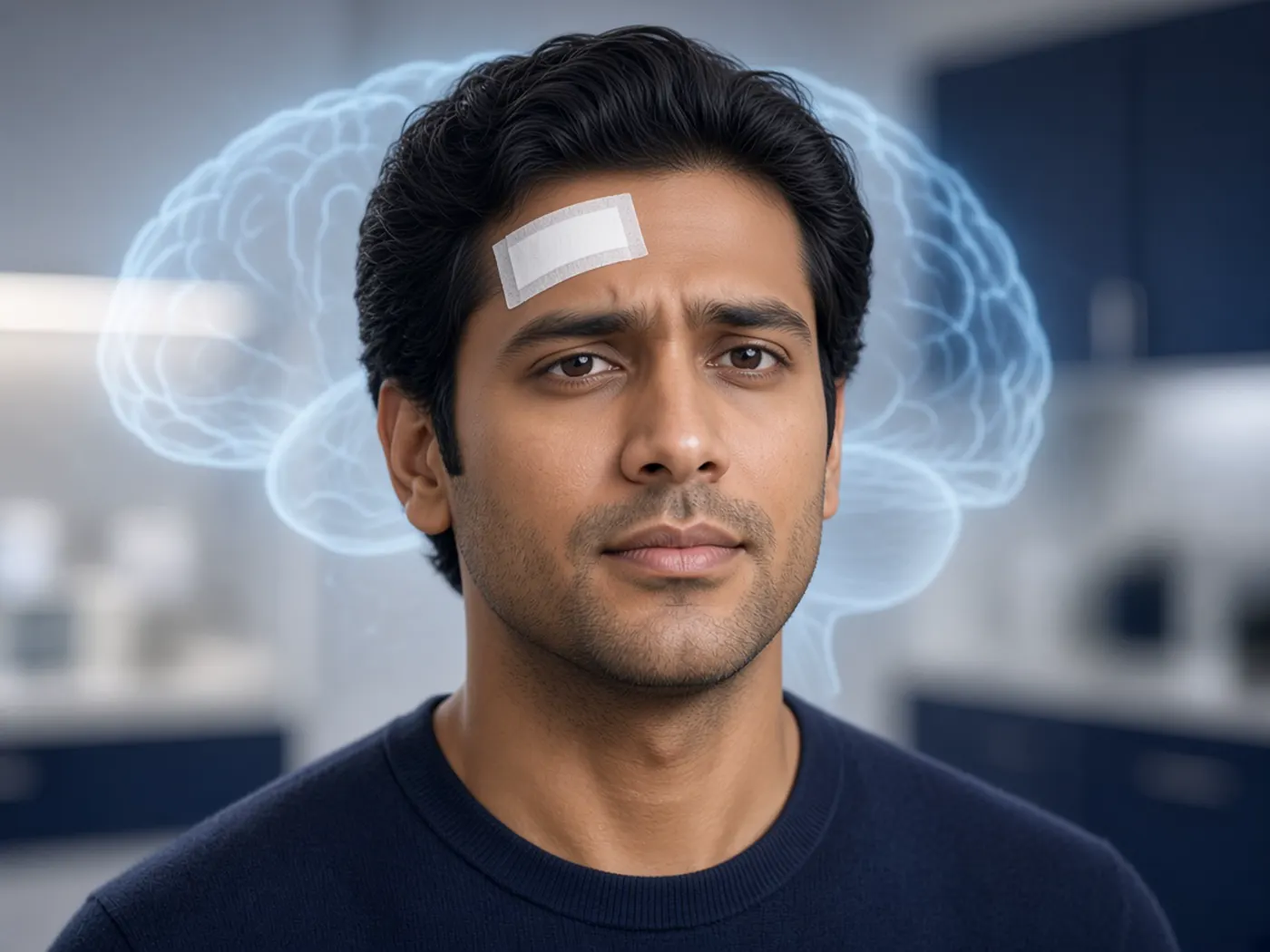 Head injury: a dazed patient with a small clean bandage and a subtle brain outline