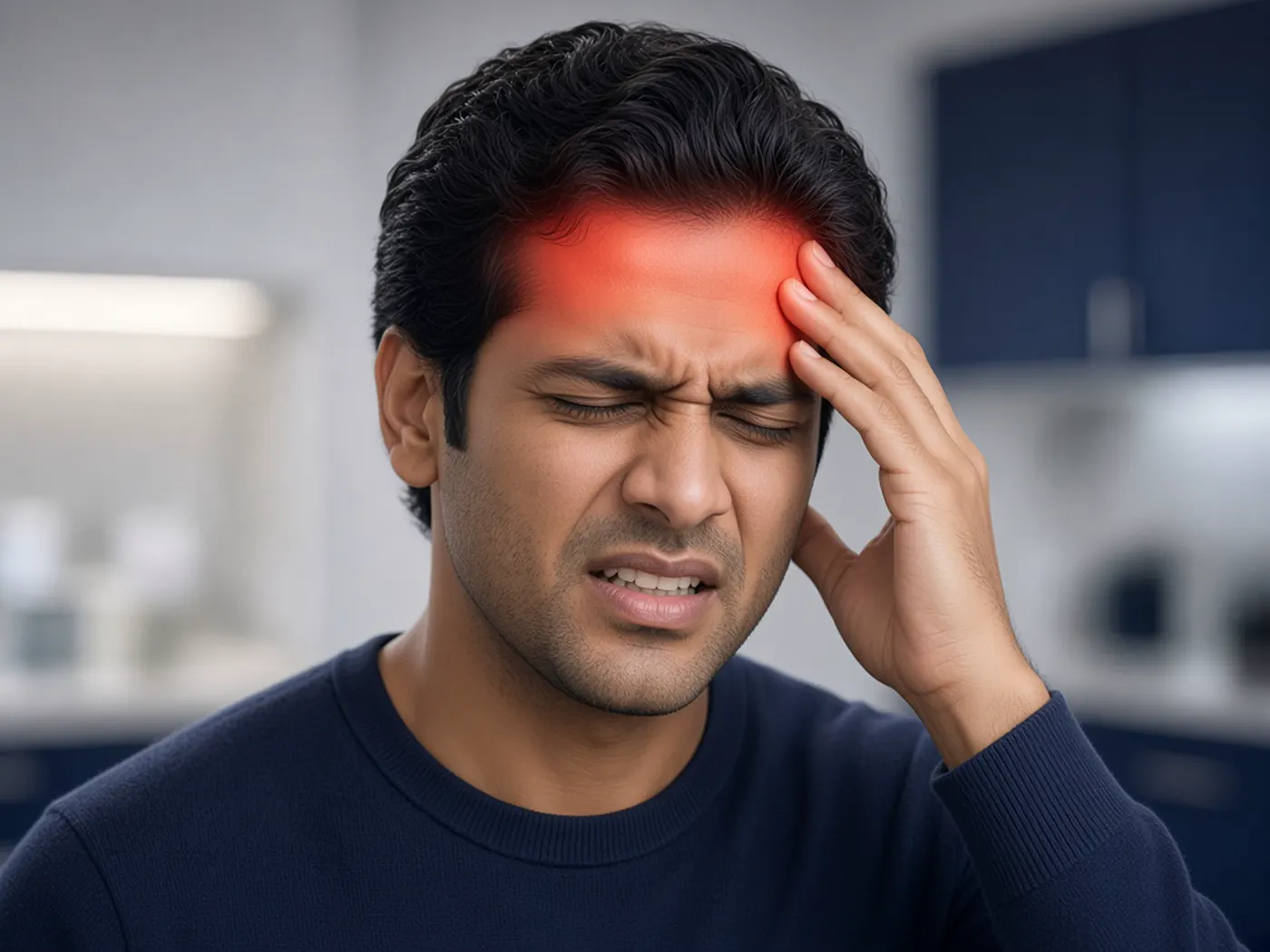 Headache red flags: a patient with eyes closed and a hand on the forehead