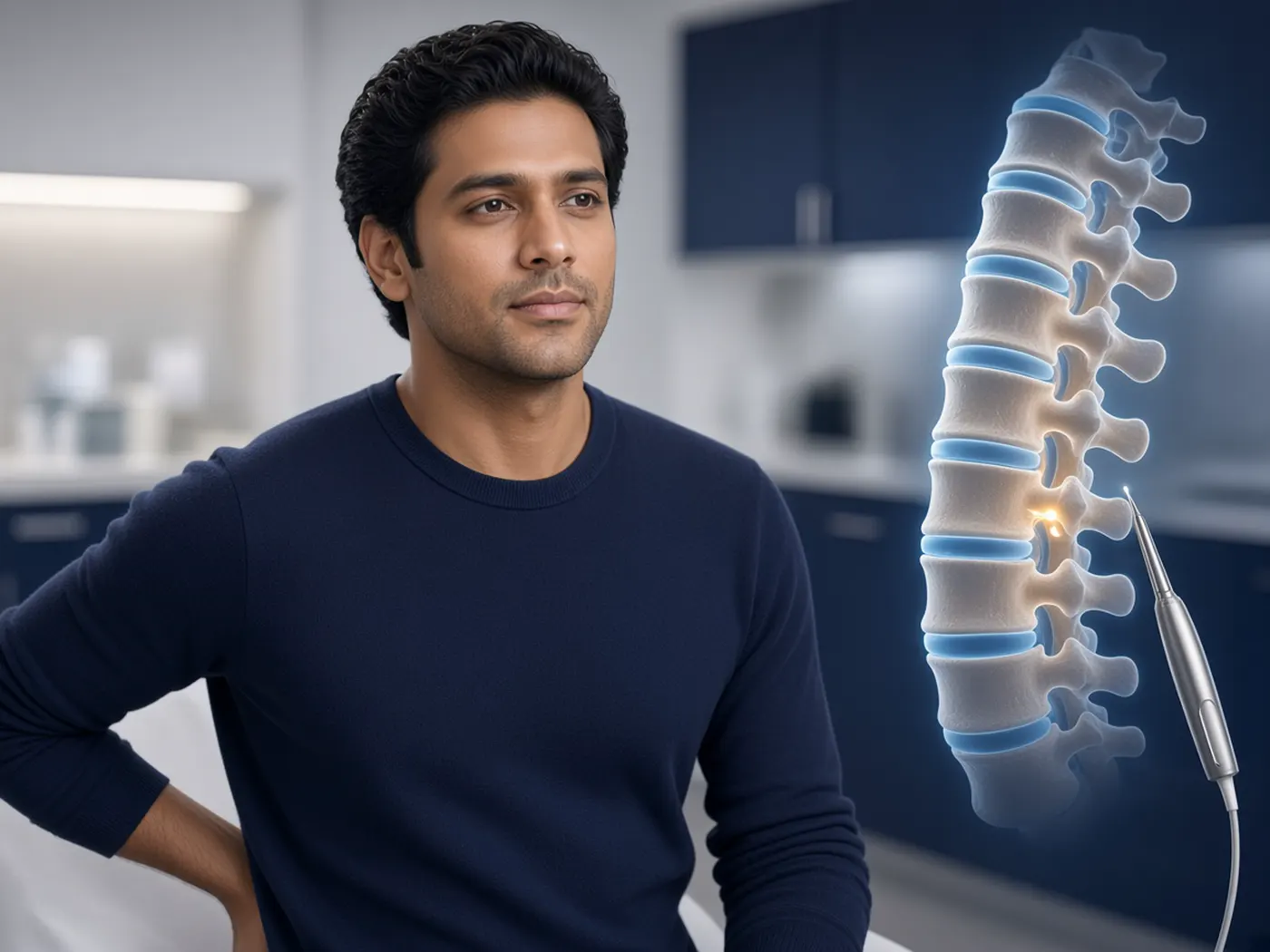 Minimally invasive spine surgery: a small marked entry on the lower back beside an endoscopic tool