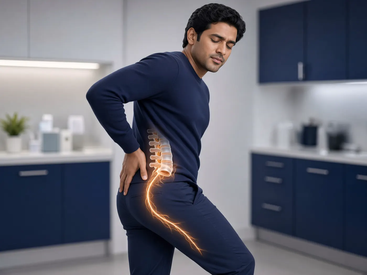 Sciatica: pain highlighted from the lower back down one leg