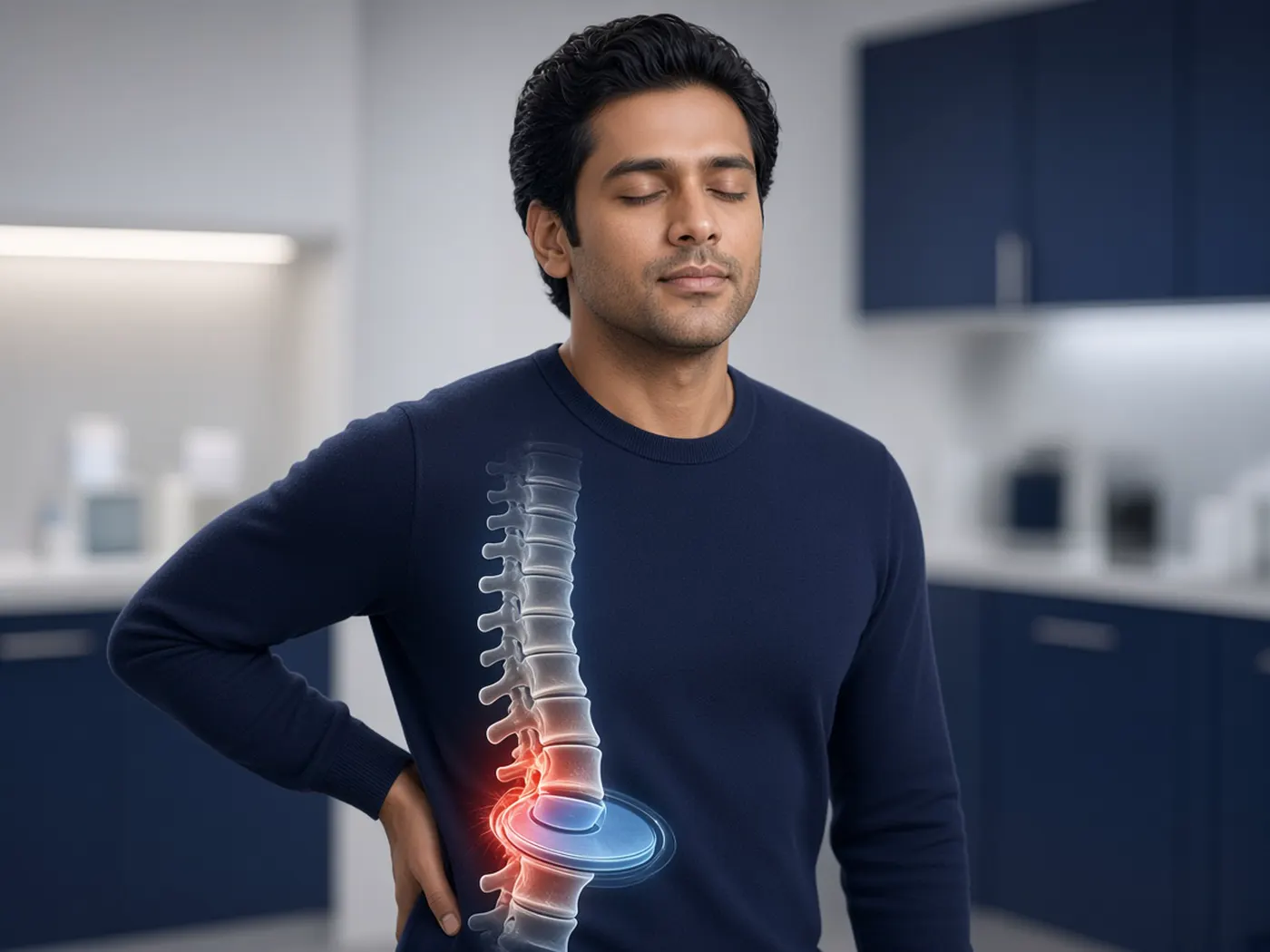 Slip disc treatment: a lumbar diagram of a disc pressing a nerve, with a hand on the lower back