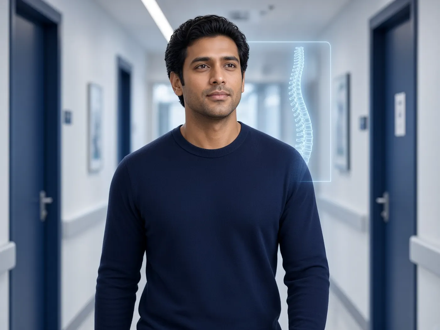 Spine surgery recovery: a patient walking upright beside a subtle spine diagram