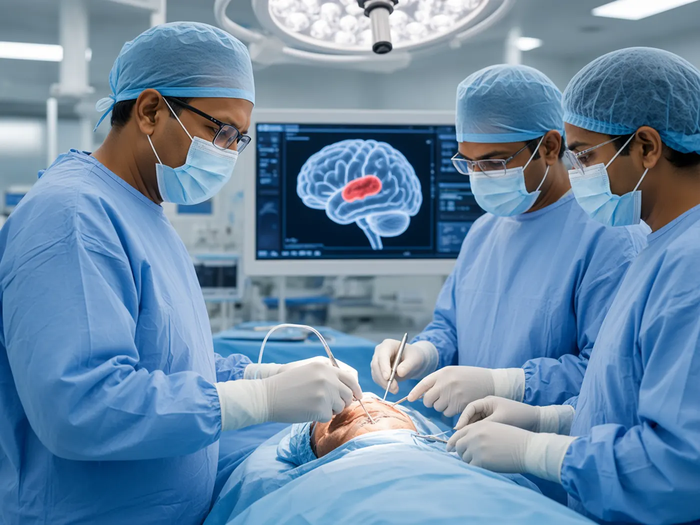 Dr. Deepak Kumar performing brain tumor surgery, with a navigation screen showing a highlighted mass