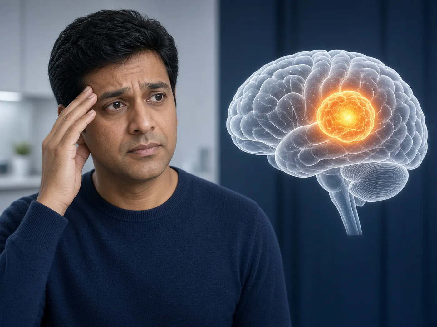 Concerned patient with a hand near the temple and a brain diagram showing a highlighted tumor
