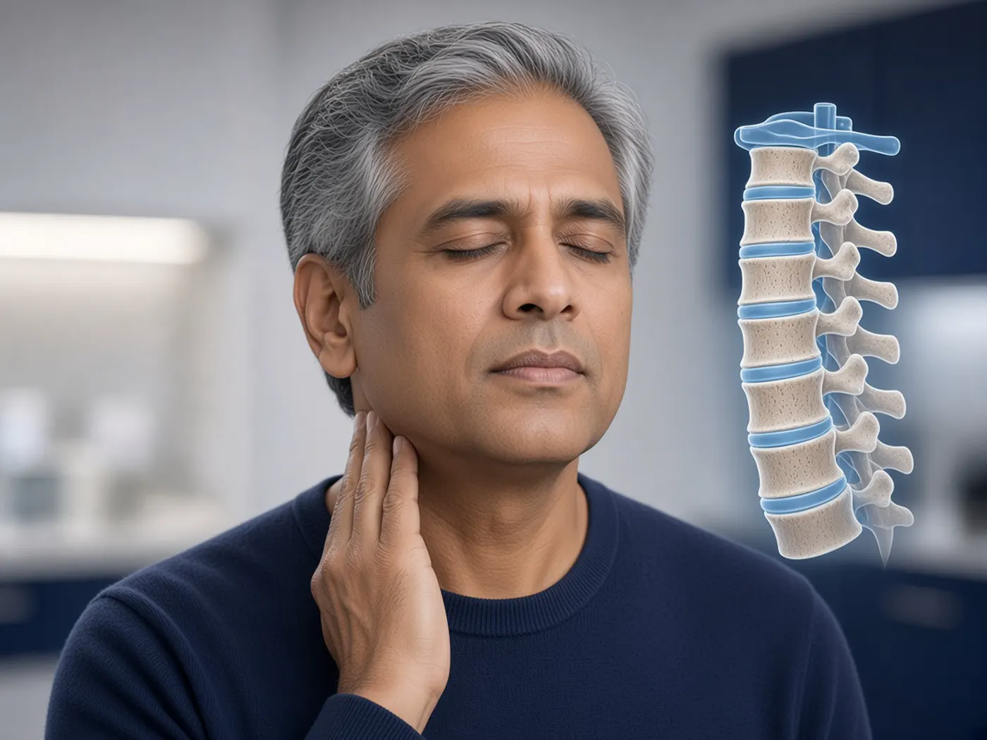 Older patient with neck stiffness beside a diagram of worn cervical discs and bone spurs