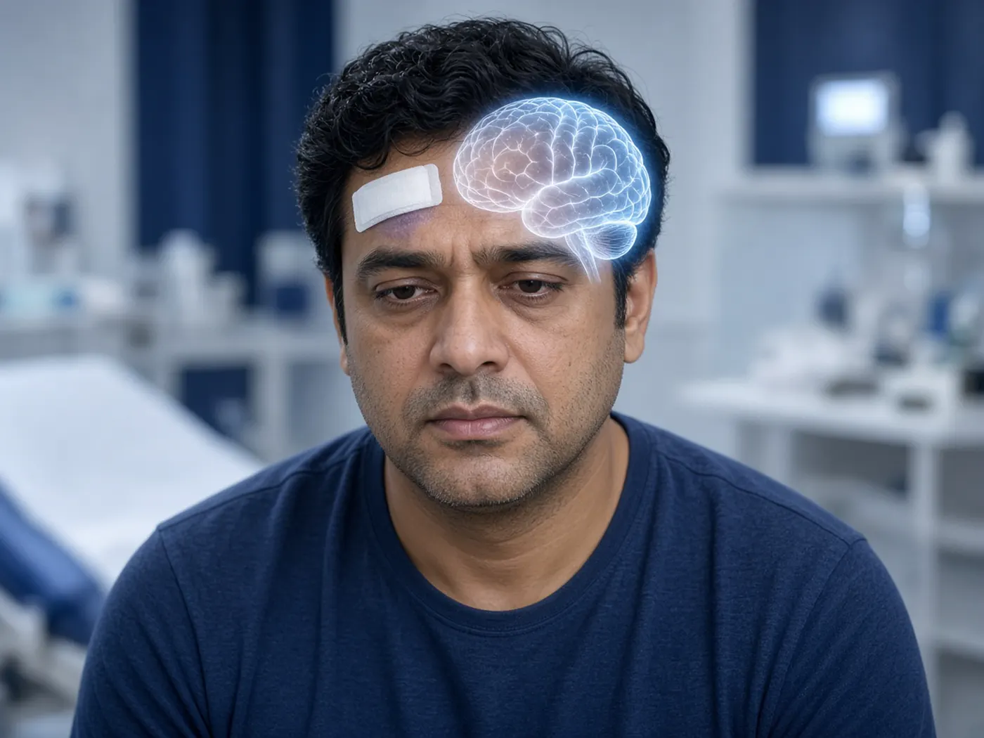 Dazed patient with a small bandage on the head, illustrating a head injury