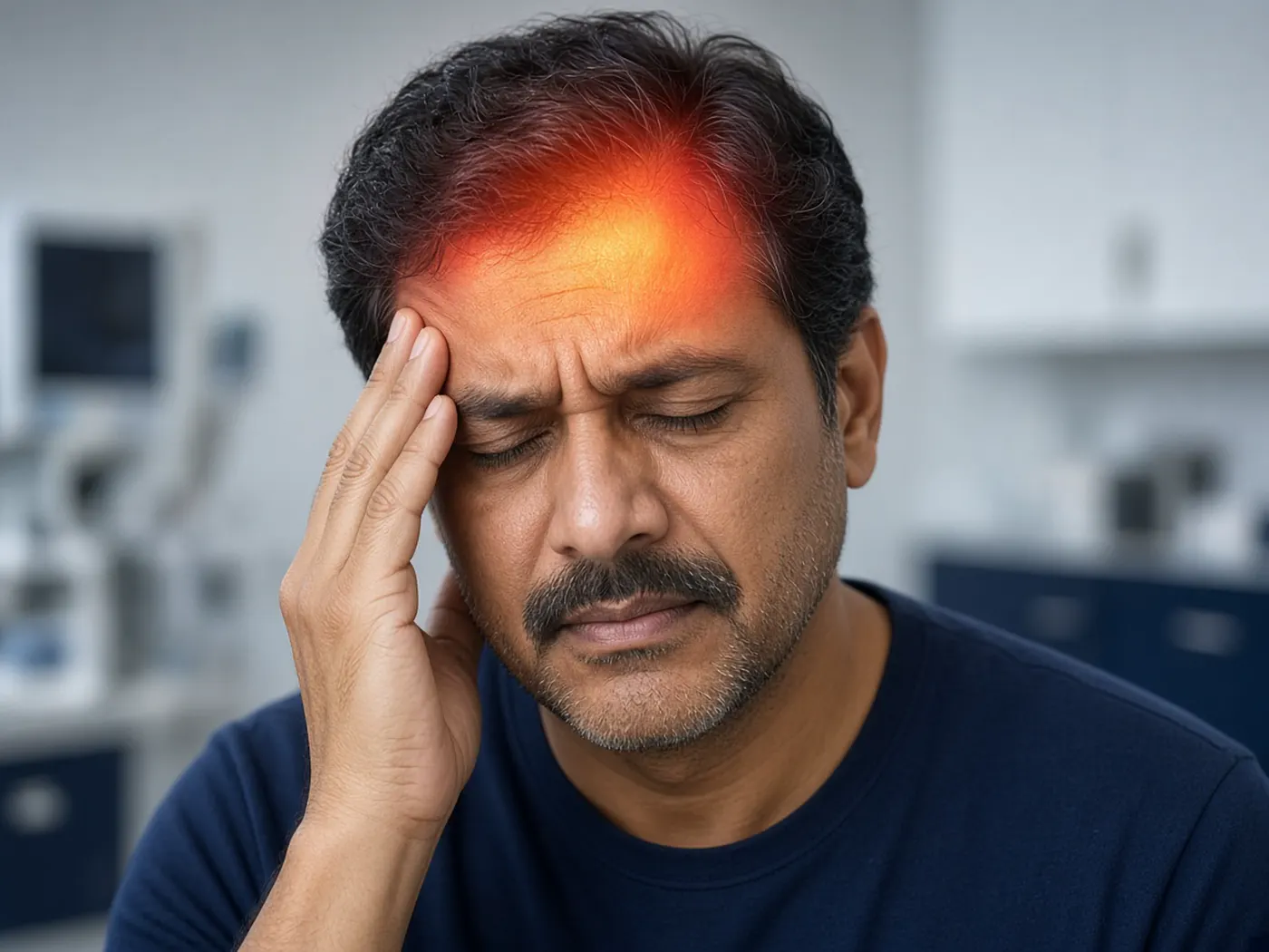 Patient holding the forehead in headache distress, illustrating migraine red flags