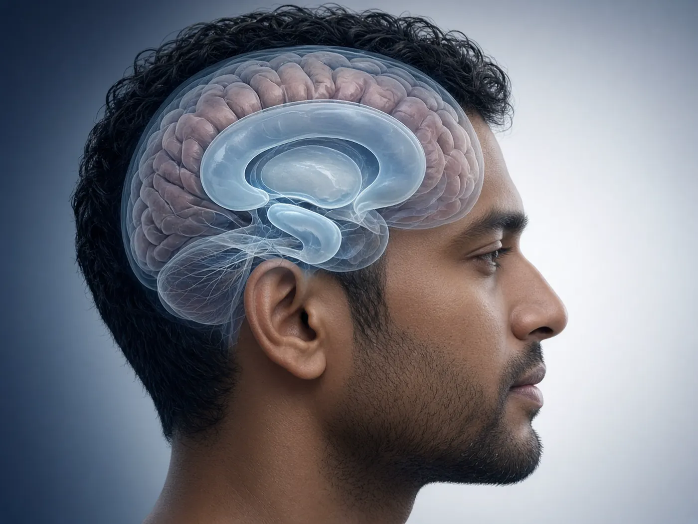 Brain diagram with enlarged ventricles full of fluid, illustrating hydrocephalus