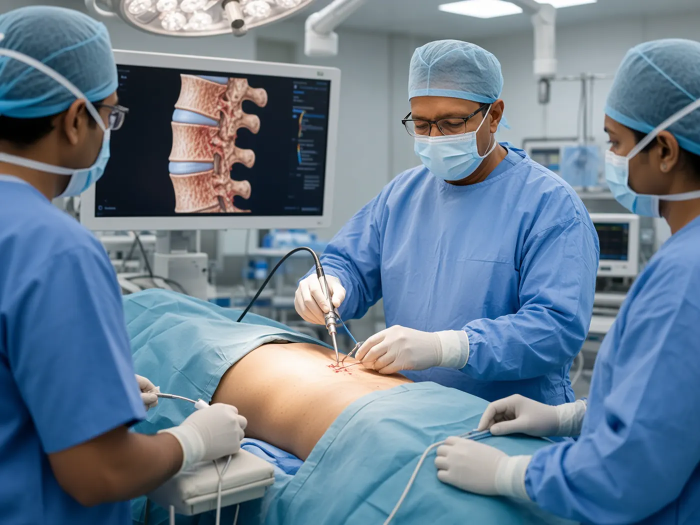 Dr. Deepak Kumar performing endoscopic spine surgery with a slim instrument over a draped back