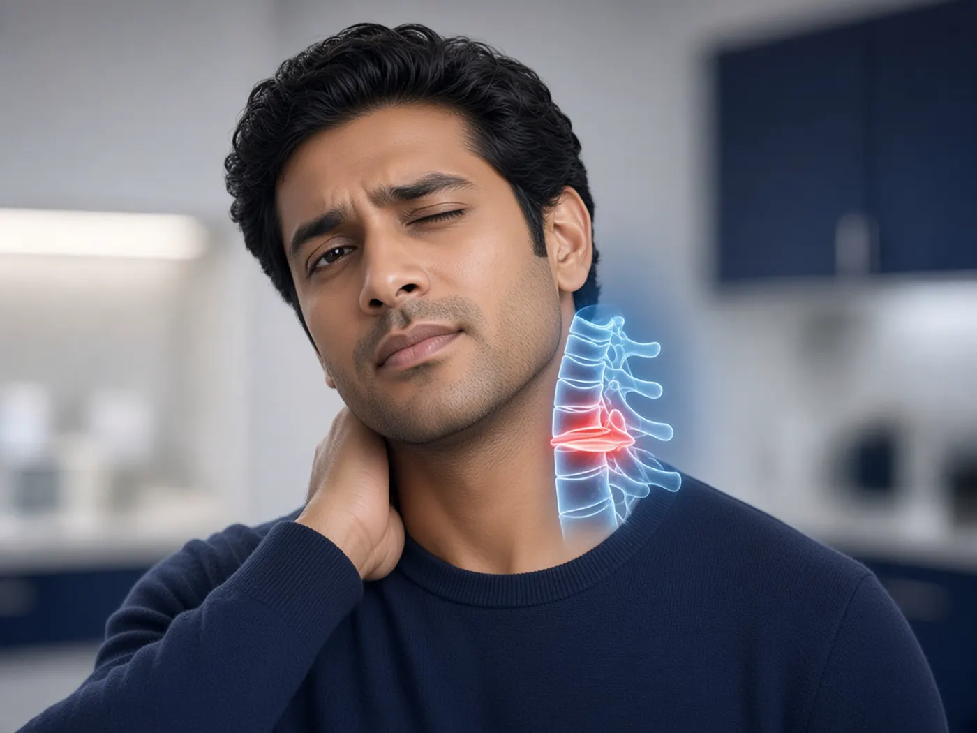 Patient holding a stiff neck beside a cervical spine diagram, illustrating neck pain