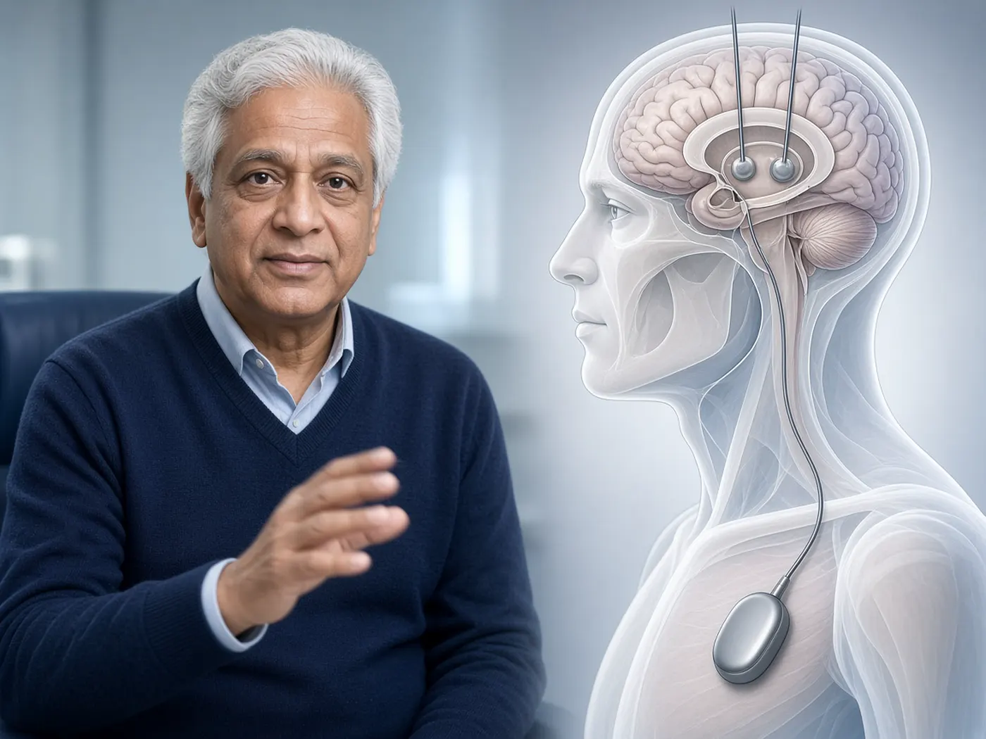 Older patient with a mild hand tremor beside a deep brain stimulation diagram
