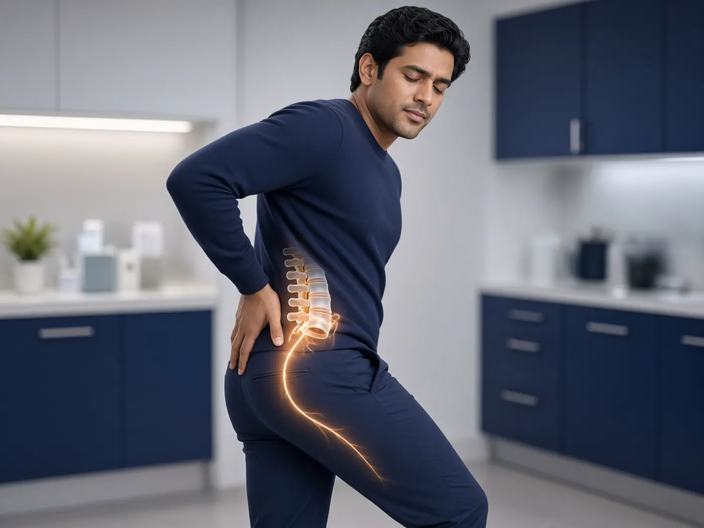 Patient with pain marked from the lower back down one leg, illustrating sciatica