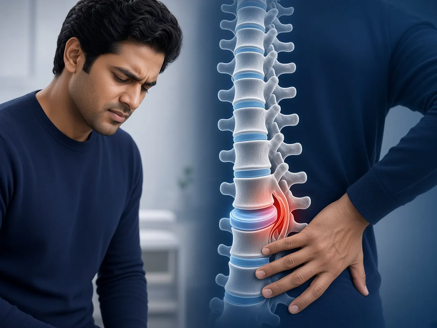 Patient holding the lower back beside a diagram of a slipped disc pressing a nerve