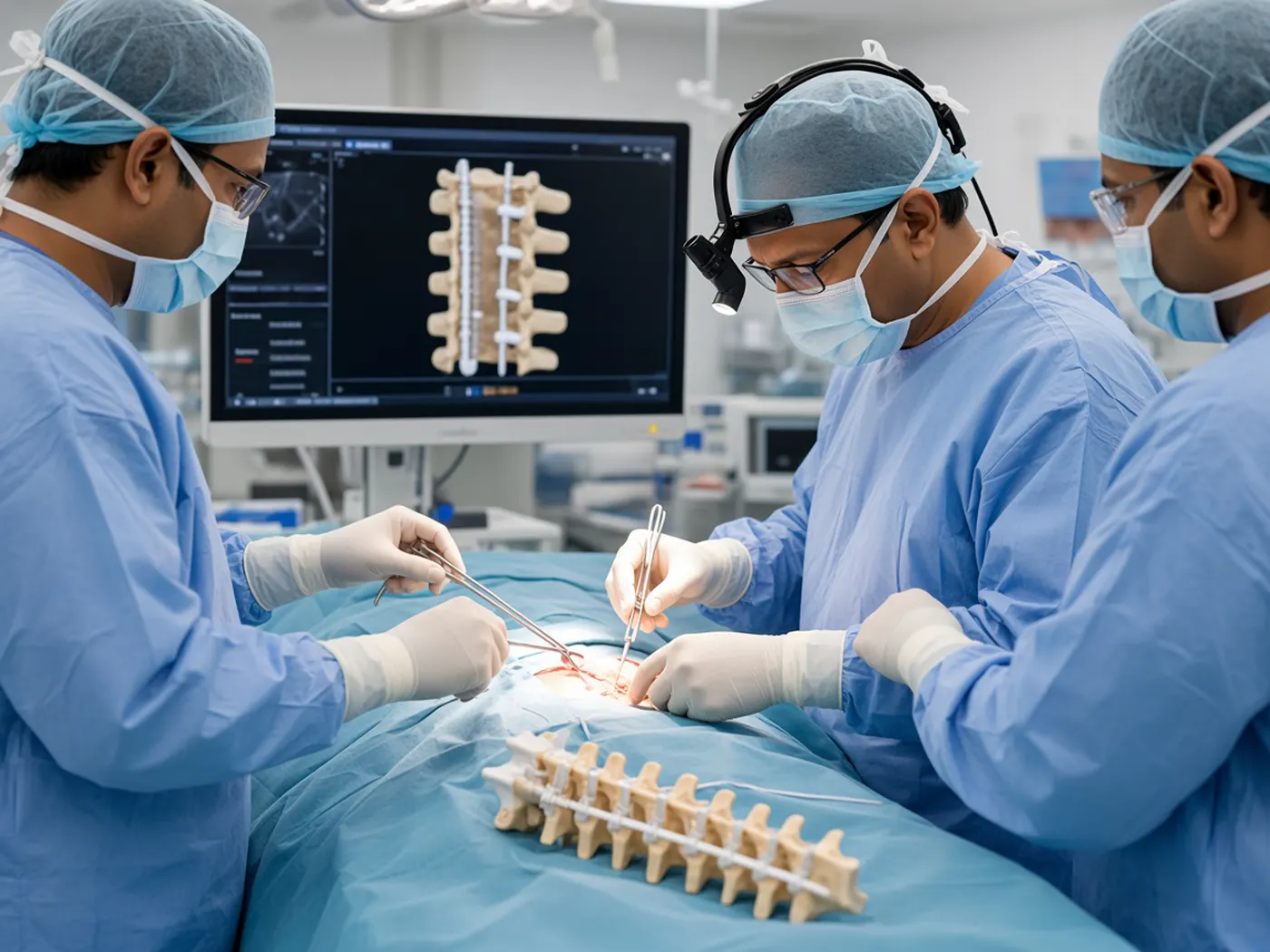 Dr. Deepak Kumar and team with spinal fusion screws, rods, and a cage on a spine model
