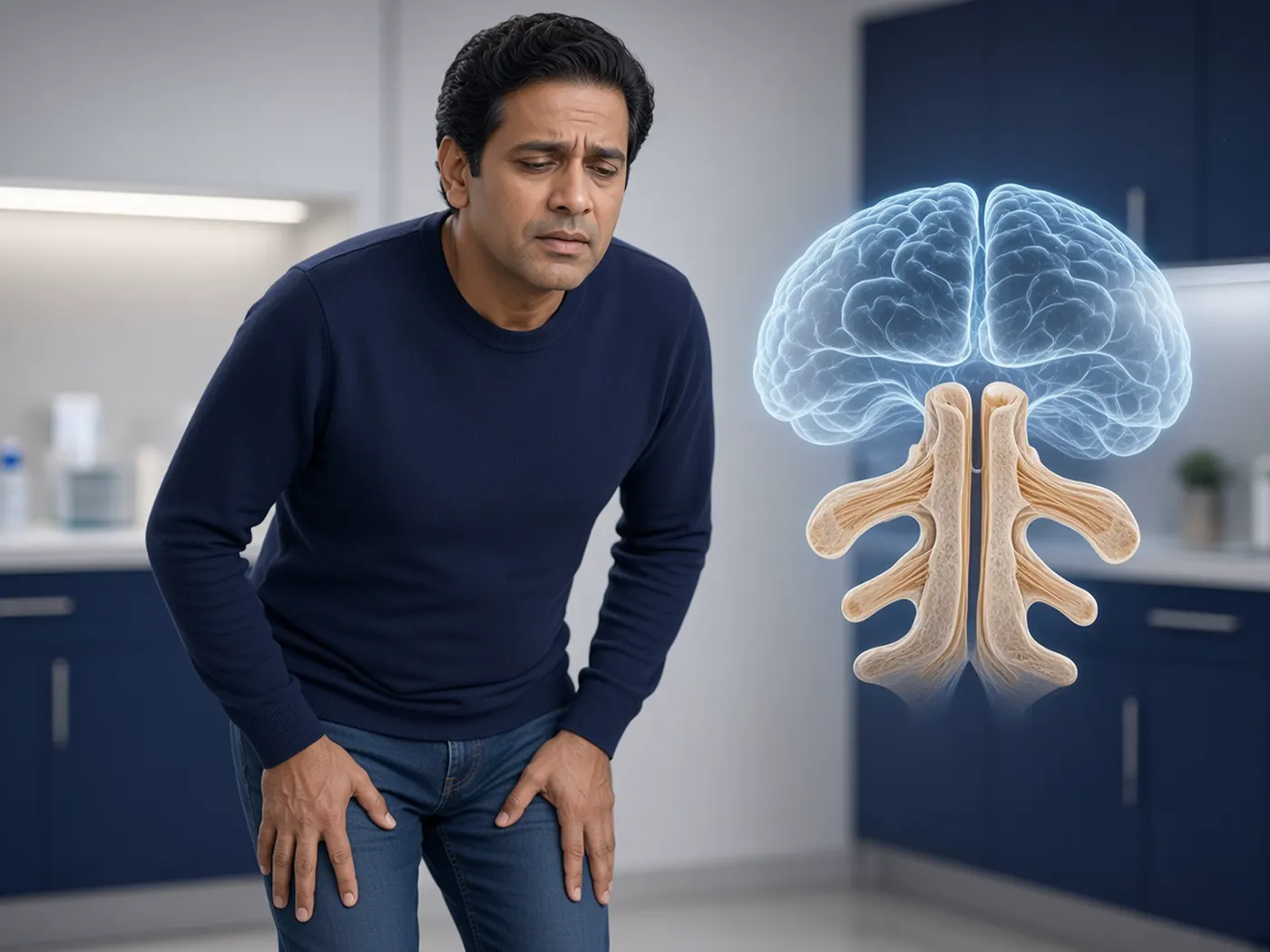 Older patient leaning forward beside a diagram of a narrowed spinal canal