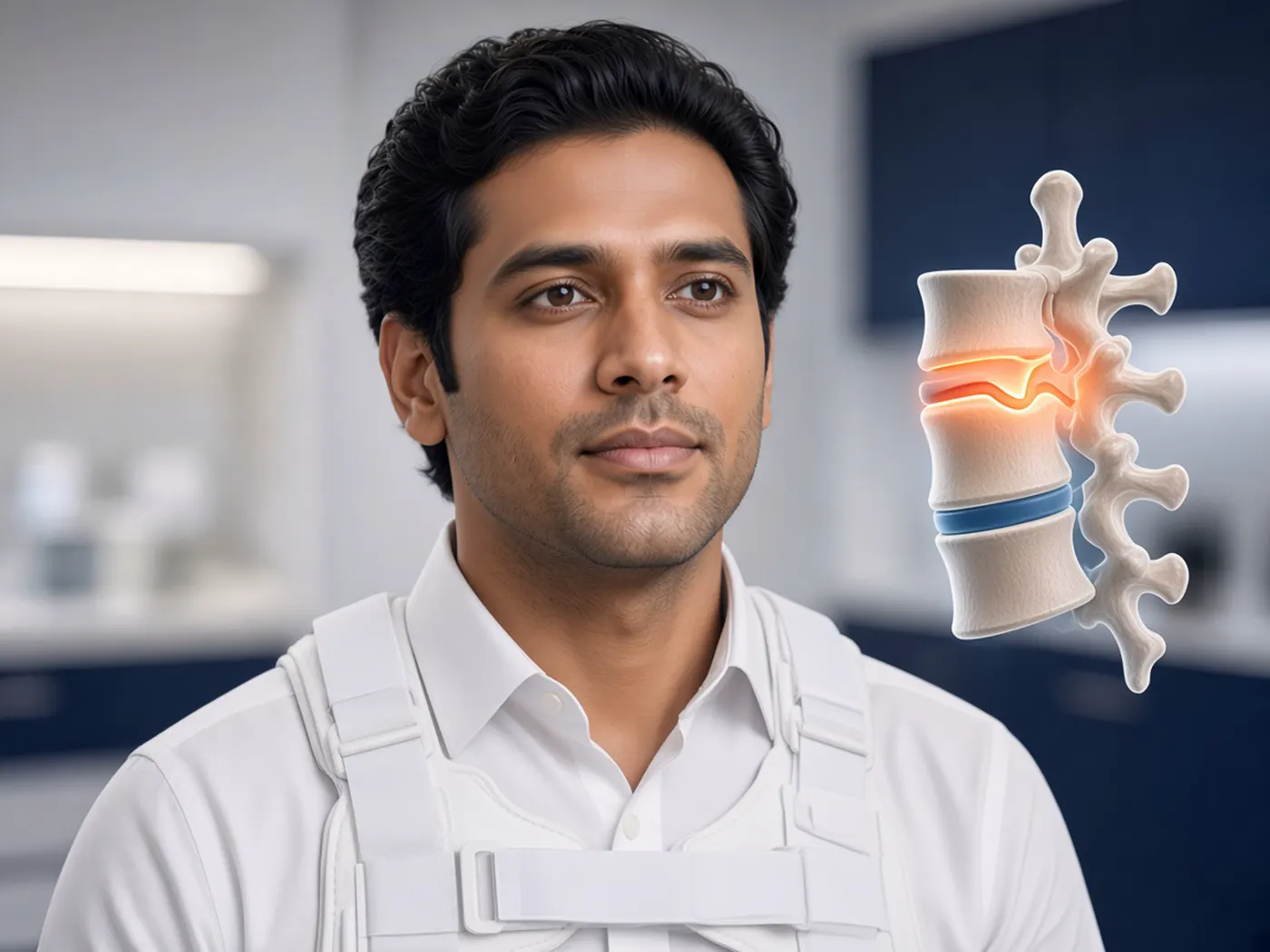Patient in a spinal brace beside a diagram of a fractured vertebra