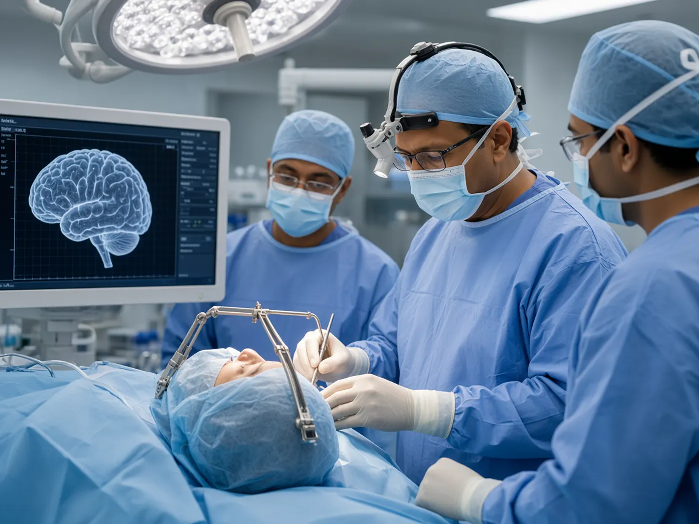 Dr. Deepak Kumar performing stereotactic surgery with a navigation frame and a target point on screen